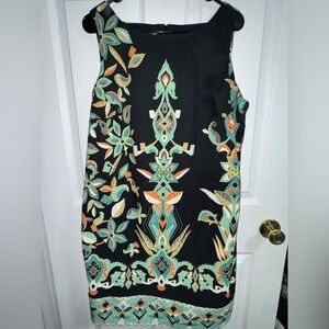 Kim Rogers Black Dress with Green and Orange Pattern